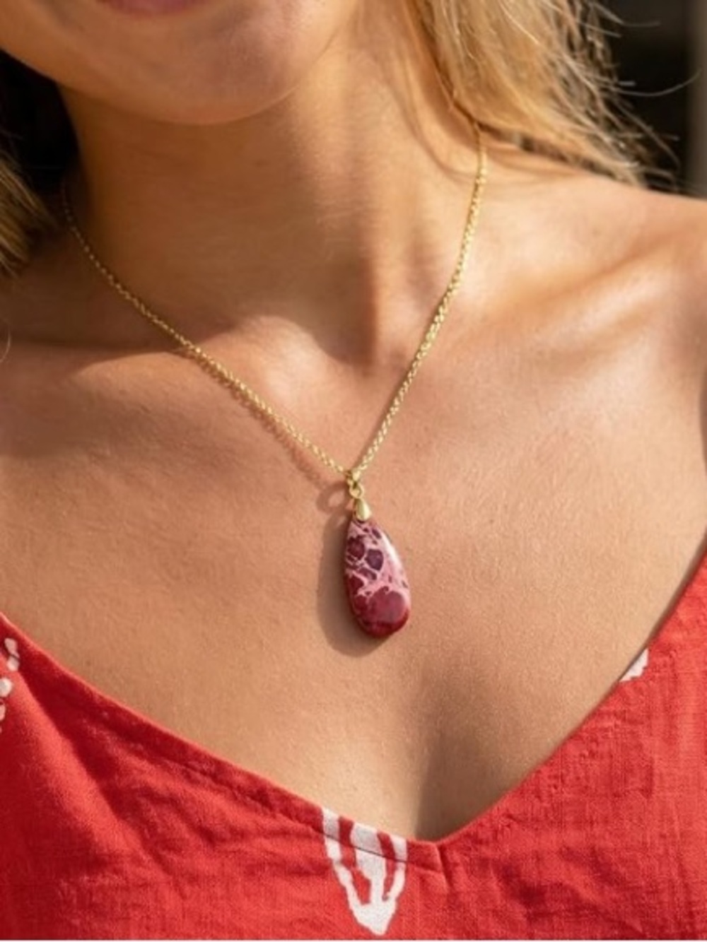 Anthropologie Gold-Tone Necklace with Red Teardrop Pendant - Picture 3 of 4